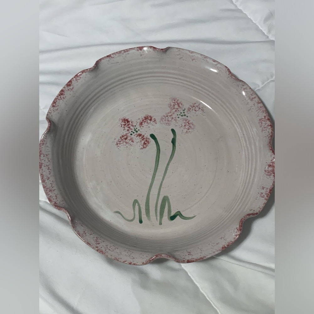 VTG Art Pottery Clay Casserole Dish Handmade Deep Pink Flowers Signed by Artist